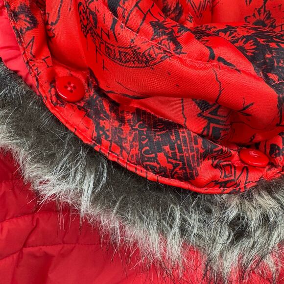 Volcom Hot Mittes Long Puffer Jacket 3/4 Length Large 14 Faux Fur Hood Red - Picture 10 of 14